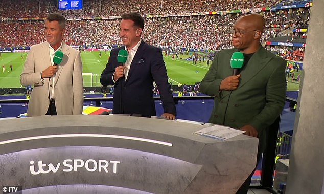 ITV's Euros final punditry team included Roy Keane, Gary Neville and Ian Wright (left to right)