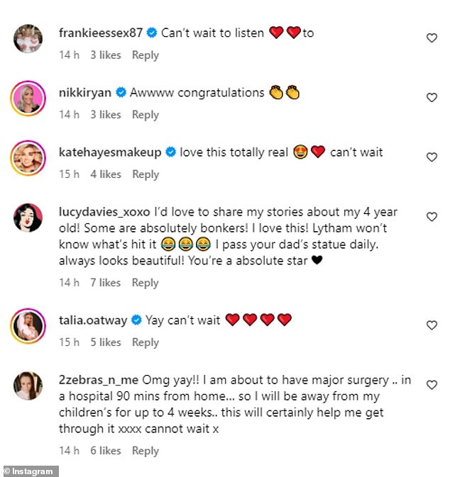 TOWIE's Frankie Essex and Love Island's Jessica Hayes led the congratulations in the comments section