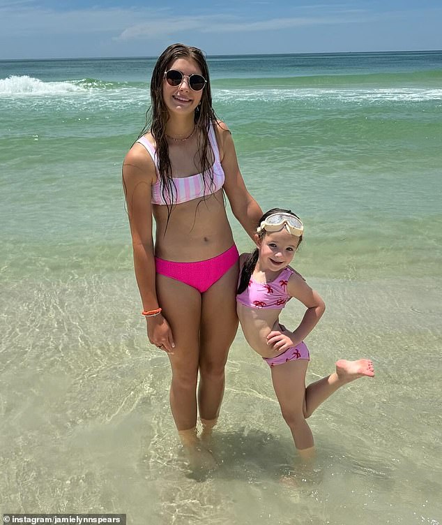 Jamie was joined at the beach by her daughters Maddie, 15, and Ivey, six, (pictured) as well as her mother Lynne, 69