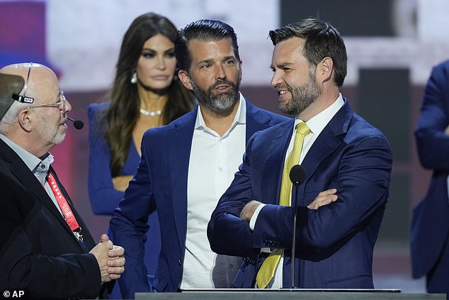 Sen. J.D. Vance prepares for his speech on Wednesday evening after being announced as Trump's running mate. He is seen here with Donald Trump Jr. and Kimberly Guilfoyle