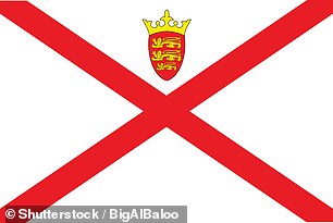 Pictured, the flag of Jersey which has a red saltire on a white background and a Plantagenet crown