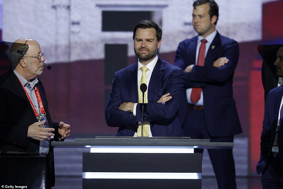 His address blamed 'career politicians' like Biden for trade policies that upended families like his. 'President Trump's vision is simple¿we won't cater to Wall Street, we'll commit to the working man,' he said. 'We won't import foreign labor, we'll fight for American citizens.' Nowhere on the floor was there more excitement than among the Ohio delegation. Where other delegates got up and strolled around the floor, popped out for snacks or the bathroom, the Buckeye seats were full two hours before Vance appeared. Delegate Mike Gondinaki said the hype over Vance was real. 'He represents the present and the future,' he said. J.D. Vance is the future of our party. What Barack Obama was to the Democrats.