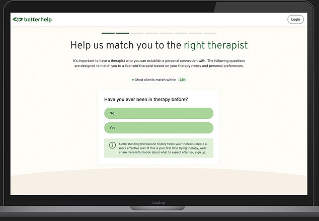 The signup process includes answering questions on motivations for wanting to attend therapy and any history of mental health issues