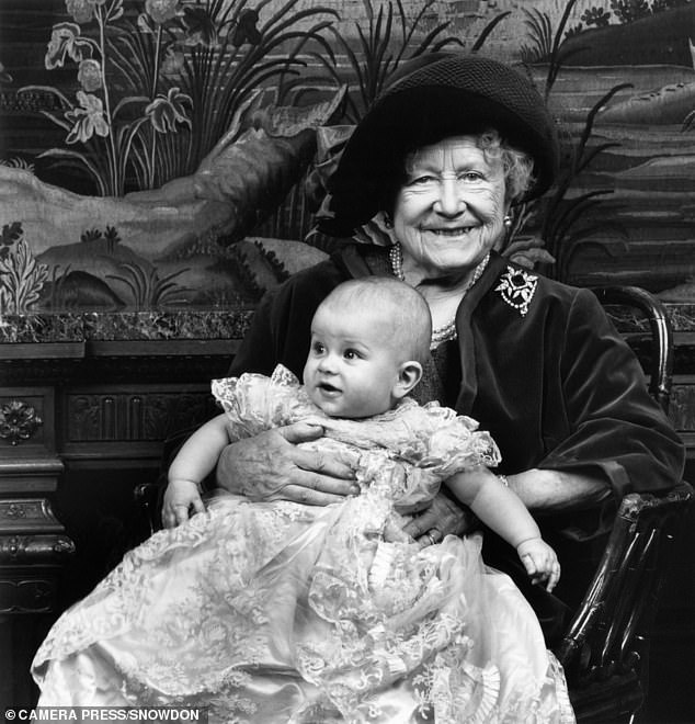 The 28-year-old was the Queen Mother's seventh great-grandson. Above: In his christening gown in his great-grandmother's lap