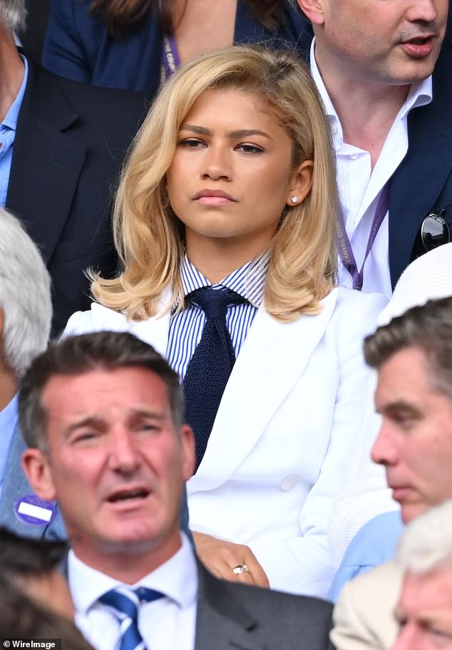 Zendaya donning a white Ralph Lauren suit court side during the men's WImbledon Tennis Championship final last Sunday