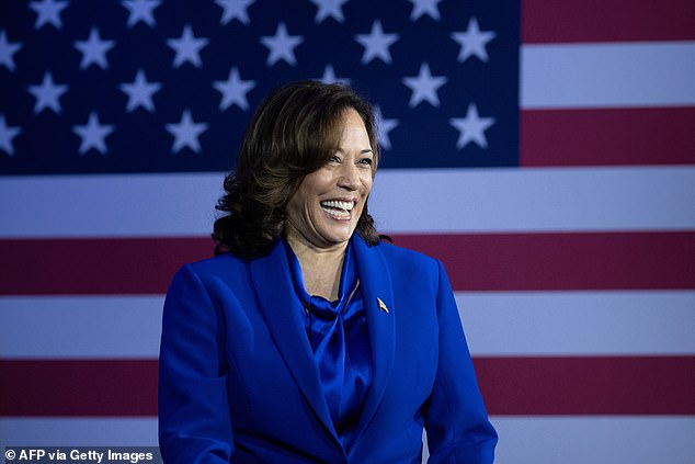 sidestepped questions on Vice President Kamala Harris (pictured) - who Mr Biden said was his pick as the Democrat candidate to take on Donald Trump