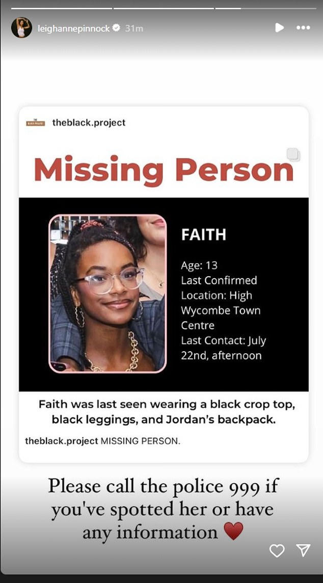 The pop star posted another story on Tuesday in which she shared an appeal to find the teenager by the Black Project and urged people to 'please call the police if you've spotted her'