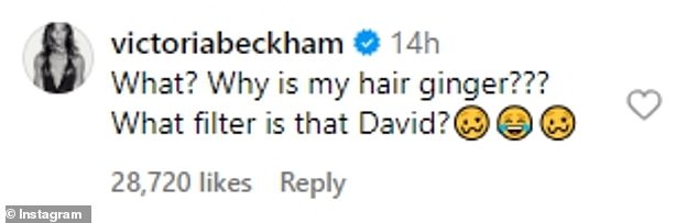 It comes after Victoria hilariously called out her husband David for apparently making her look ginger in one of their latest snaps together