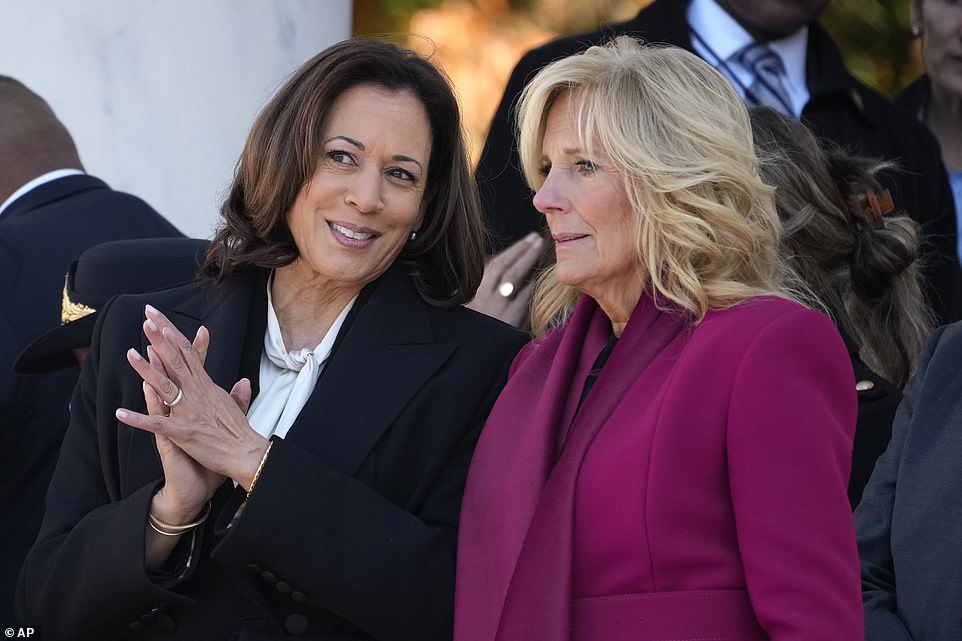 Jill Biden and Kamala Harris are not close although the first lady and Emhoff have a good relationship. She has never denied a report that she told supporters that Kamala Harris could 'go [expletive]' herself after the June 2019 Democratic primary debate where the then-presidential candidate attacked Joe Biden for supporting racist bus policies.