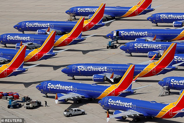 A number of grounded Southwest Airlines Boeing 737 MAX 8 aircraft are shown parked at Victorville Airport in California, March, 2019