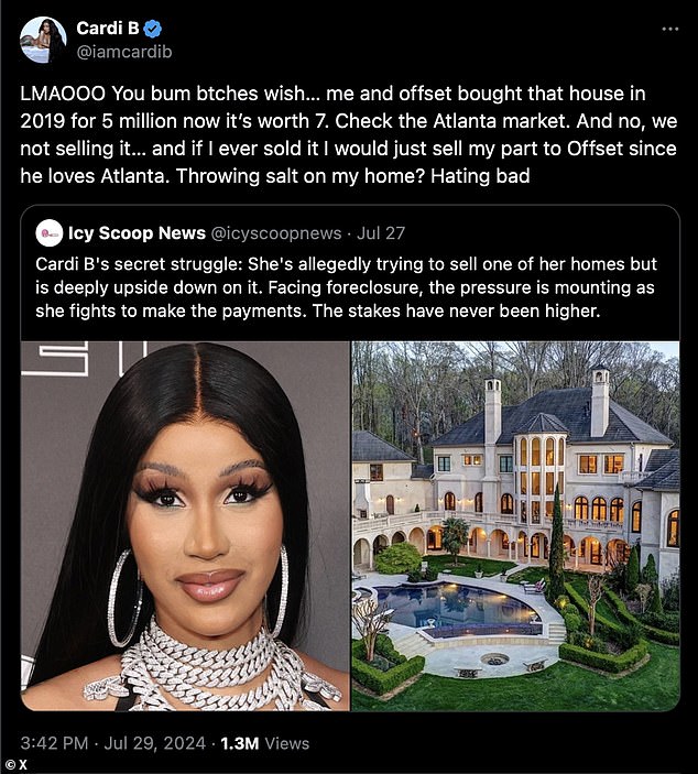 'LMAOOO You bum btches wish¿ me and offset bought that house in 2019 for 5 million now it¿s worth 7, check the Atlanta market,' Cardi B wrote, referencing her rapper husband