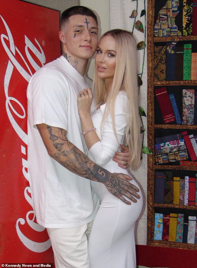 Laura Gehrke, 27, and Joshua Stewart, 21, are pictured on their wedding day posing by the prison's Coke machine