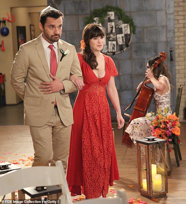 Jess Day, Zooey Deschanel's character on Fox's New Girl, wore a $780 plunging red lace gown from Los Angeles-based designer Christy Dawn as a bridesmaid