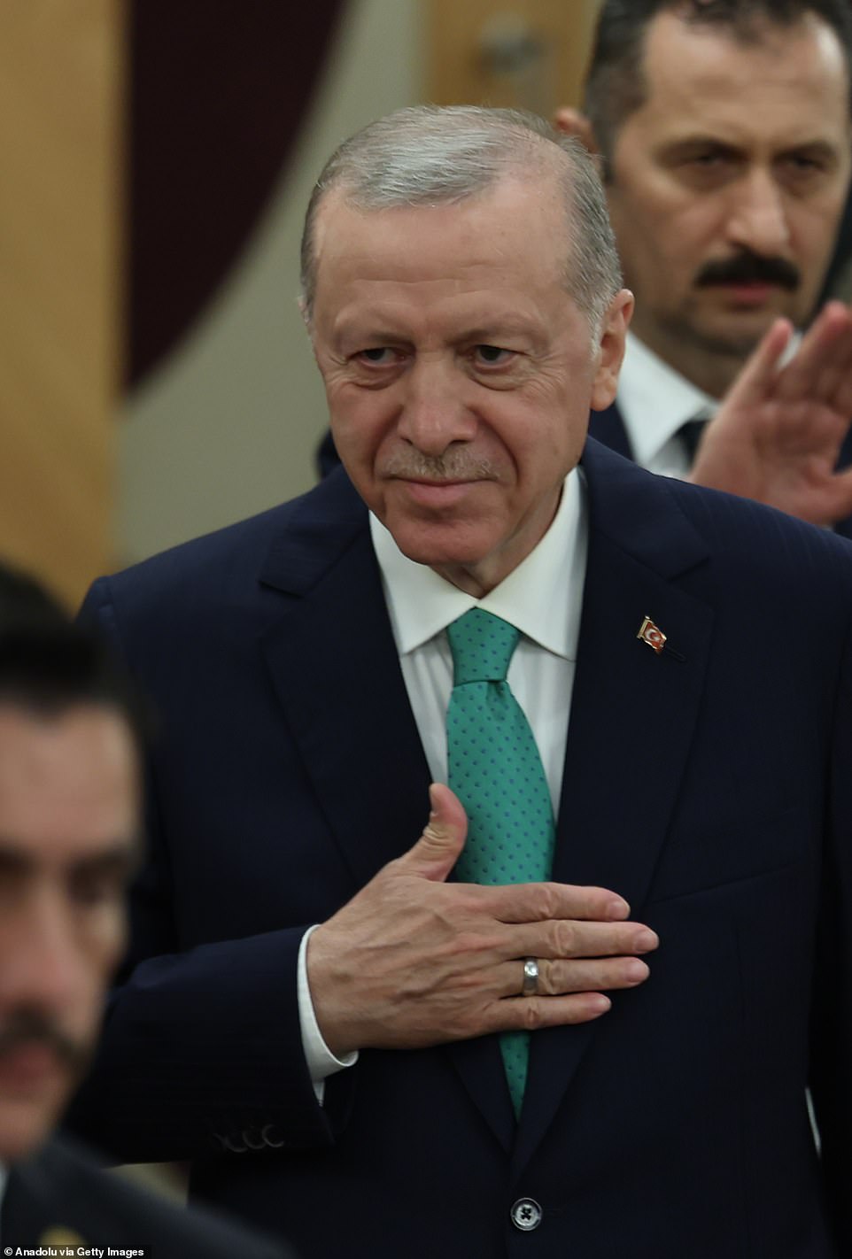 In 2021, at the opening of the Salarkha Tunnel in Rize, Erdogan was spotted knocking a boy on the head after he shook the ribbon. And last year, the president publicly slapped his grandson, but later claimed he was 'stroking' him, according to reports. It comes after Erdogan grabbed headlines on Sunday for issuing an open threat to invade Israel in support of Palestine. 'We must be very strong so that Israel can't do these things to Palestine,' Erdogan sai, referring to the war against Hamas in Gaza.