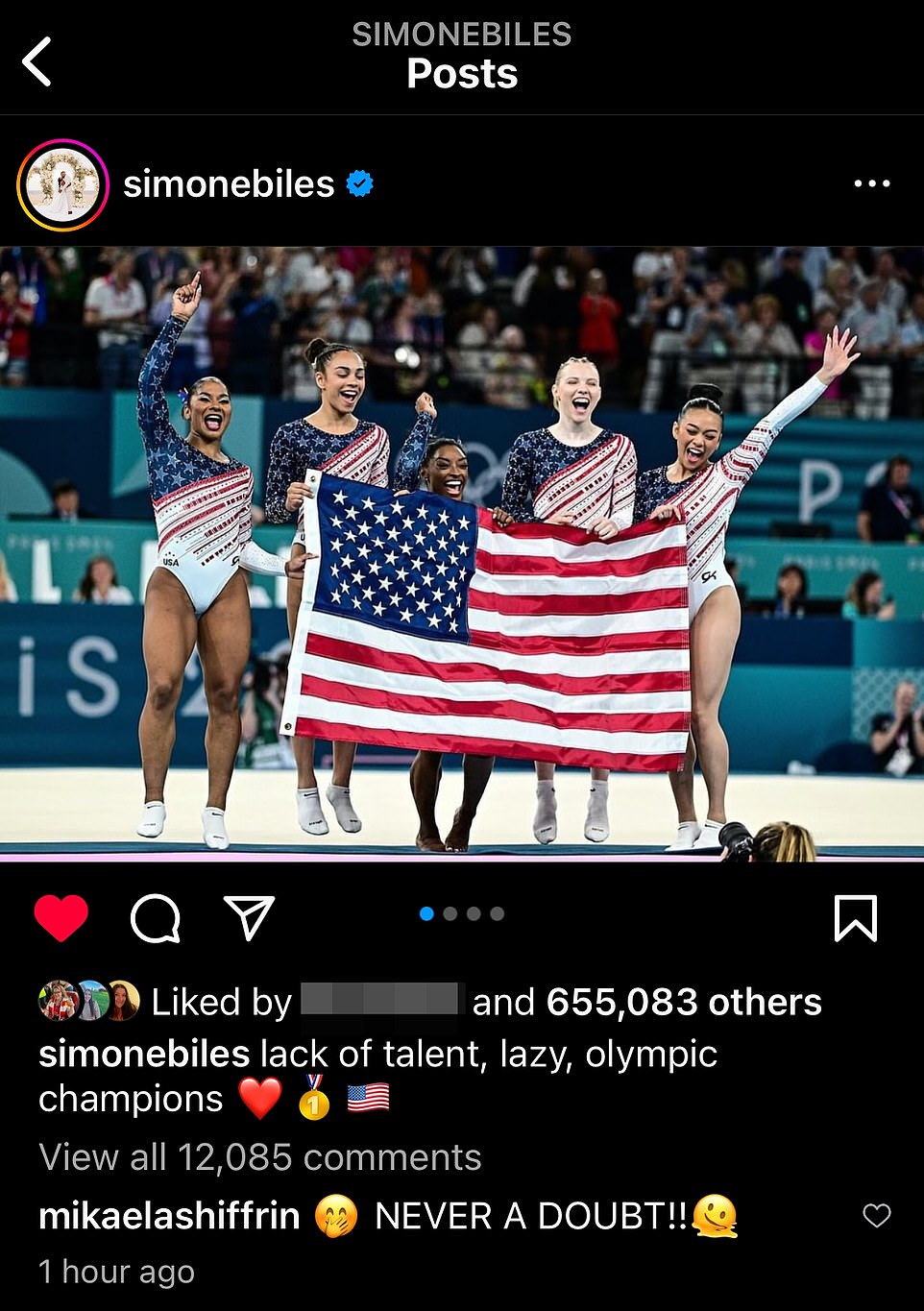 On her Instagram after the accomplishment, Biles posted a picture of the team with a brutal caption. 'lack of talent, lazy, olympic champions,' the post read.