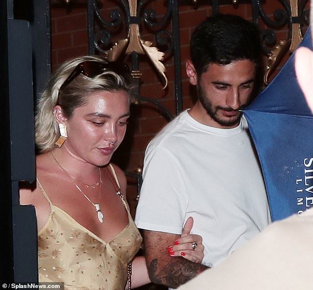 Florence Pugh looked stylish in a summer dress as she left the theatre in London with a male companion after watching Tom Holland in Romeo & Juliet on Thursday night