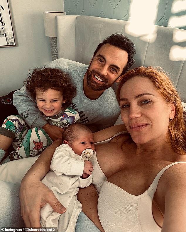 Jules Robinson has shared the reality of having two small children at home, following the birth of her second son, Carter. The Married At First Sight star posted to Instagram to reveal that her entire family was all sleeping in one room. Pictured with husband Cameron and their kids