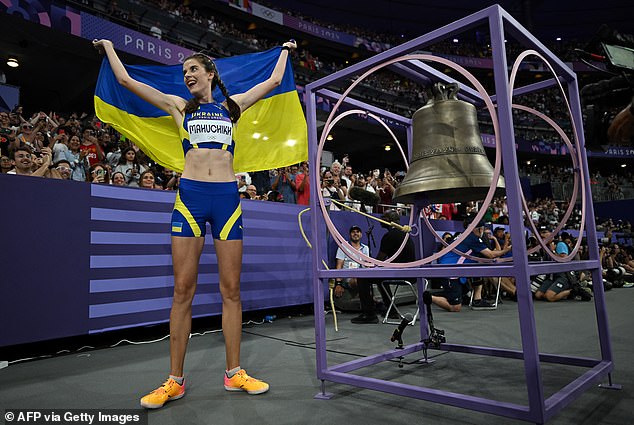 Gold medallist Yaroslava Mahuchikh also rang the bell, which will be moved to Notre Dame Cathedral after the Olympics