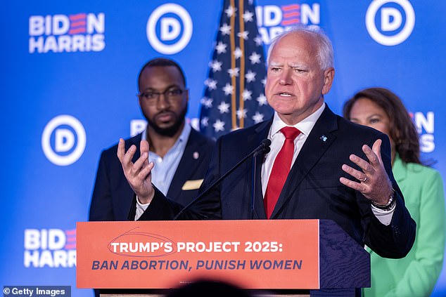 Minnesota Gov. Tim Walz speaks at a Biden-Harris campaign event criticizing former President Donald Trump