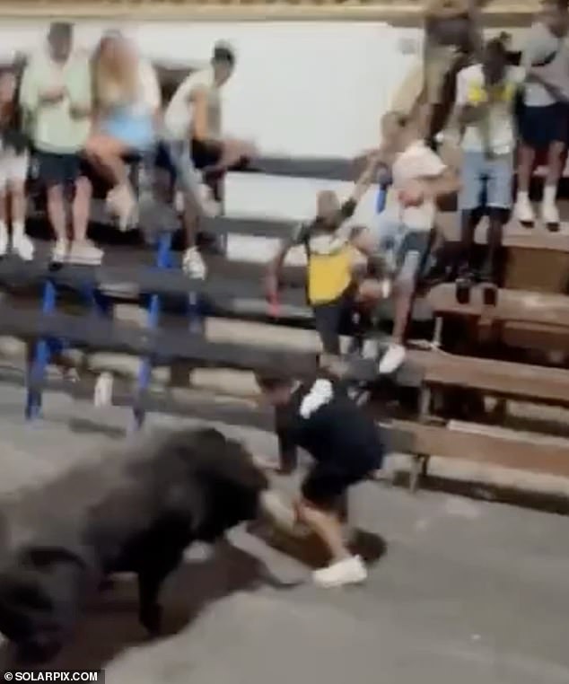 In shocking scenes, the man is repeatedly gored by a bull during a Bous al Carrer run