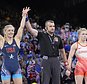 Helen Louise Maroulis, of the United State, celebrates after defeating Canada's Hannah Fay Taylor during their women's freestyle 57kg bronze medal wrestling match, at Champ-de-Mars Arena, during the 2024 Summer Olympics, Friday, Aug. 9, 2024, in Paris, France. (AP Photo/Eugene Hoshiko)