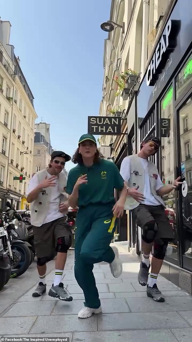 Australian breakdancer Raygun has become an overnight sensation after her performance in Paris at the 2024 Olympics on Friday went viral. On Saturday, she was dubbed 'the Queen of Australia' in a new viral video shared by comedians The Inspired Unemployed (pictured)