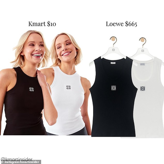 The Kmart Sleeveless Rib Embroidery Tank, $10, bears a striking resemblance to luxury Spanish label Loewe's Embroidered Rib Stretch Cotton Tank, $665