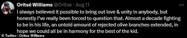 Writing on X, formerly Twitter, Oritsé said: 'I always believed it possible to bring out love & unity in anybody, but honestly I've really been forced to question that'