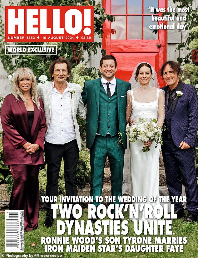 Ronnie Wood 's son Tyrone has married Iron Maiden guitarist Steve Harris' daughter Faye in a stunning second ceremony (L-R: Ronnie's ex wife and Tyrone's mother Jo Wood, Ronnie, Tyrone, Faye and Faye's Iron Maiden guitarist father Steve Harris)