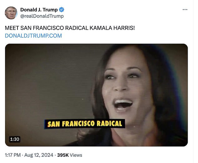 He posted a handful of videos Monday, including one characterizing Democratic Vice President Kamala Harris as a 'San Franciso Radical'