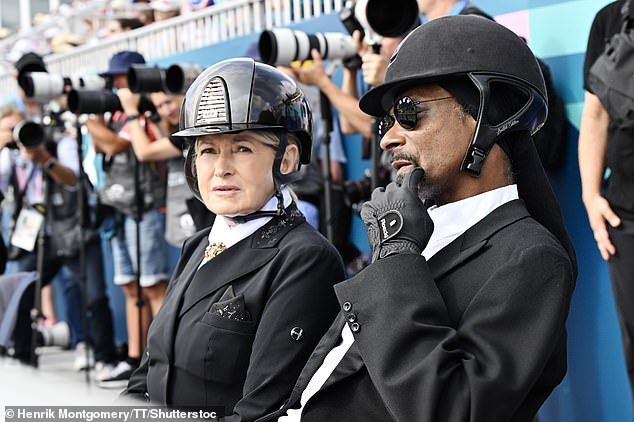 Gangsta rapper Snoop Dogg togged up in full dressage kit, admitted to US ¿domestic goddess¿ Martha Stewart, 83 that he was scared of horses at Paris 2024