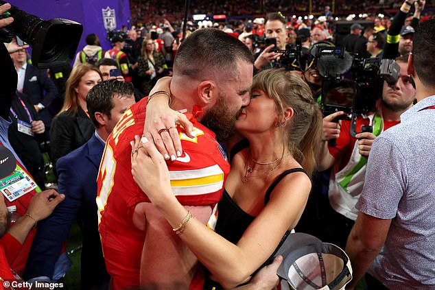 Their romance became public in September 2023 when Swift attended a Kansas City Chiefs game to support Kelce; (pictured on February 11, 2024)