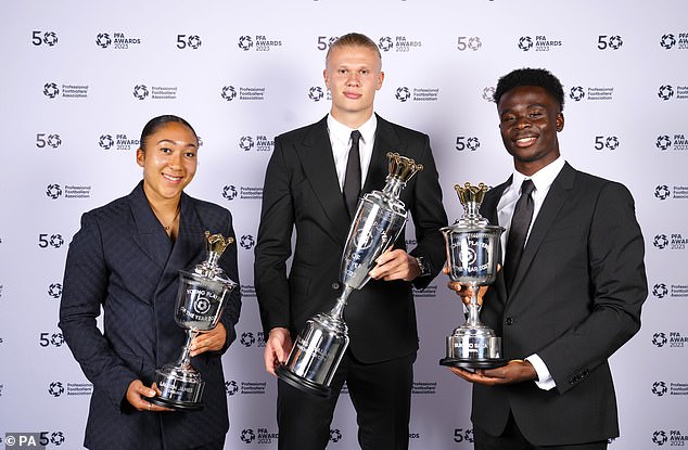 Lauren James (left) won the Women's Young Player of the Year prize last year, while Arsenal's Bukayo Saka (right) received the men's equivalent