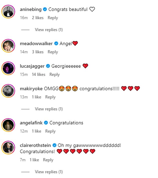 Georgia's famous friends and family flooded her comments to congratulate the pair after seeing the smitten pictures