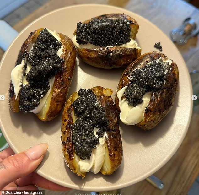 The Kosovan songstress shared a slew of snaps to her 89million followers, including one picture showing four jacket potatoes on a plate with cream cheese and caviar as the topping