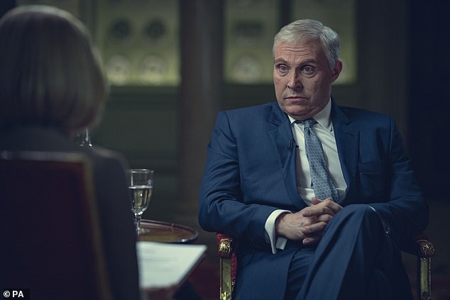 Netflix's Scoop was based on a book of the same name by Sam McAlister and follows the BBC producer, played by Billie Piper, as she fights to secure an interview with Prince Andrew, played by Rufus Sewell, at Buckingham Palace (Rufus as Prince Andrew pictured)