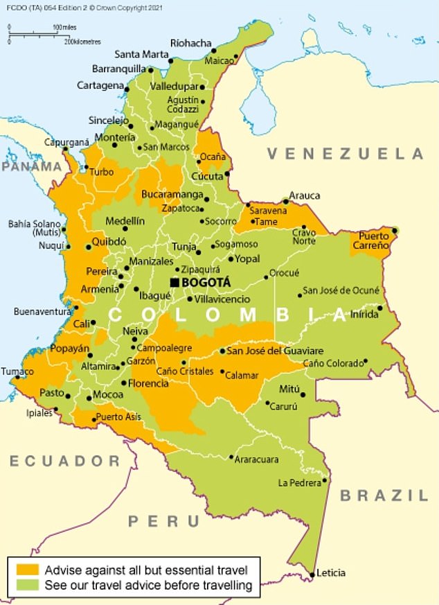 The UK's Foreign and Commonwealth Office states that it 'advises against all but essential travel to parts of Colombia'. The areas affected are those shaded in orange in the above map