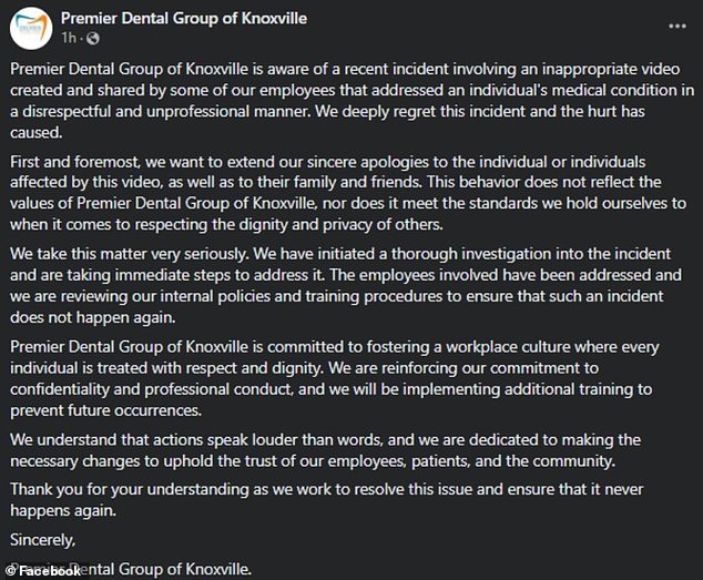 In response, Premier Dental Group of Knoxville posted an apology on Facebook. The practice's account has since been deleted