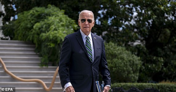 epa11547890 US President Joe Biden departs the White House in Washington, DC, USA, 13 August 2024. President Biden is traveling to New Orleans, Louisiana, to deliver remarks at a Biden Cancer Moonshot event.  EPA/BONNIE CASH / POOL