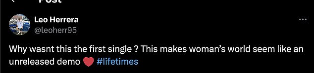 'Katy Perry is goingg to rock the world againn..!! Lifetimes is such a BOP!' one shared, as another typed, 'Why wasn't this the first single ? This makes woman's world seem like an unreleased demo'