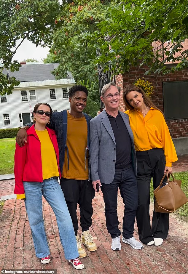 On Monday, Katie coordinated with her Our Town co-star Zoey Deutch (L) in matching mustard tops ahead of their mother-daughter roles as Myrtle Webb and Emily Webb alongside castmates Ephraim Sykes (2-L) and Richard Thomas (2-R) in the Broadway revival of Thornton Wilder's 1938 Pulitzer Prize-winning play