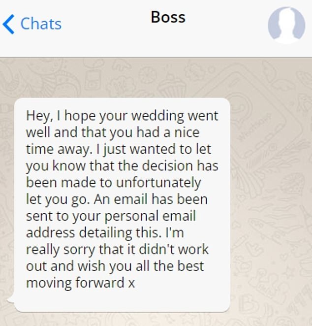 The bride received this message from her boss just 30 minutes after ceremony (text mockup)