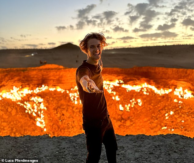 Luca at the Gates of Hell (a burning natural gas field) in Turkmenistan, one of the 190 countries he has visited since he was 15