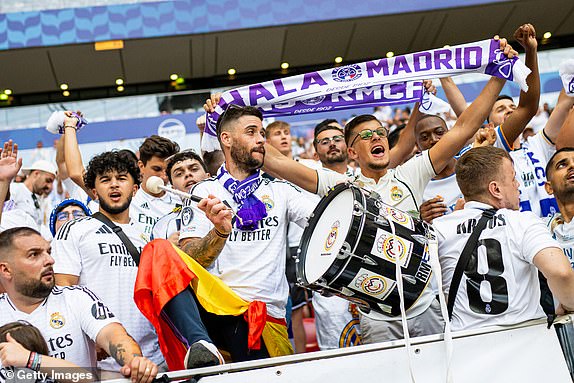 WARSAW, POLAND - AUGUST 14: Real Madrid Fans are seen on the tribune during the UEFA Super Cup 2024 match between Real Madrid and Atalanta BC at National Stadium on August 14, 2024 in Warsaw, Poland. (Photo by Mateusz Slodkowski/Getty Images)