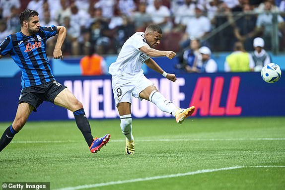 WARSAW, POLAND - AUGUST 14: Kylian Mbappe from Real Madrid shoots on the goal during the UEFA Super Cup 2024 match between Real Madrid and Atalanta BC at National Stadium on August 14, 2024 in Warsaw, Poland. (Photo by Adam Nurkiewicz/Getty Images)