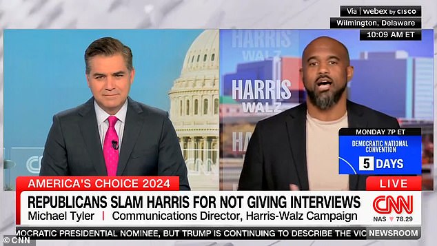 CNN's Jim Acosta (left) stunned Vice President Kamala Harris' communications director Michael Tyler (right) on Wednesday by asking: 'Would it kill you guys to have a press conference?'