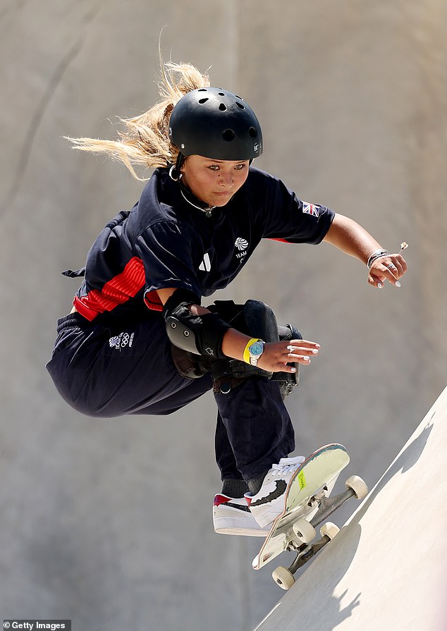 Britain's Sky Brown was spotted wearing a beaded bracelet reading 'Paris' as the 16-year-old claimed her bronze medal in skateboarding