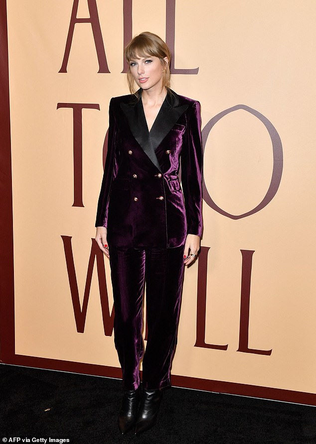 Taylor Swift attending the "All Too Well" premiere at AMC Lincoln Square in 2021 in New York in a plush burgundy velvet suit