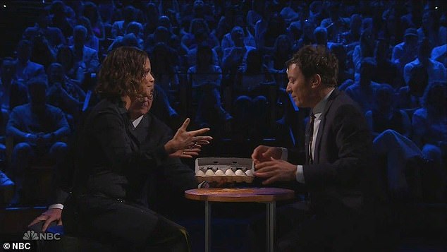 Halle also played Egg Roulette with Jimmy in which they had to smash eggs against their faces without knowing if they were hard-boiled or raw