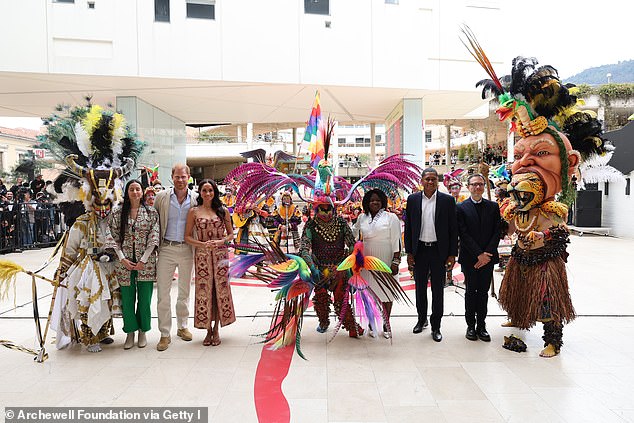 Harry and Meghan pose for a photo at Centro Nacional de las Artes Delia Zapata yesterday